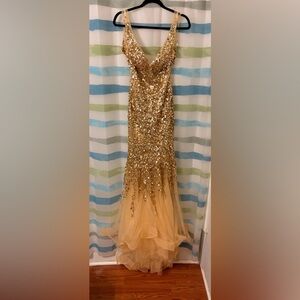 JAZR Couture Gold Sequin Evening Gown Open Back Size: 4 (R74)